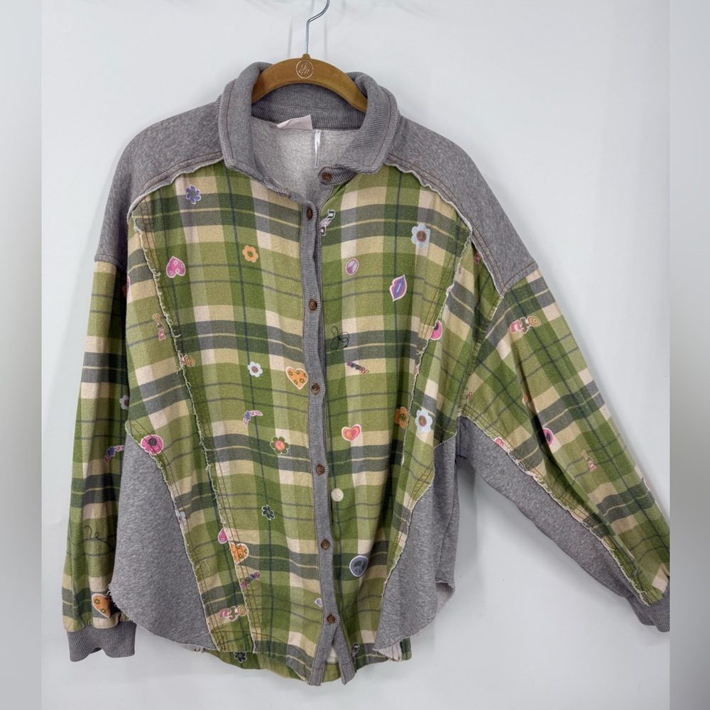 Urban Outfitters Out From Under green patchwork button-up shirt shacket jacket S - Picture 2 of 16